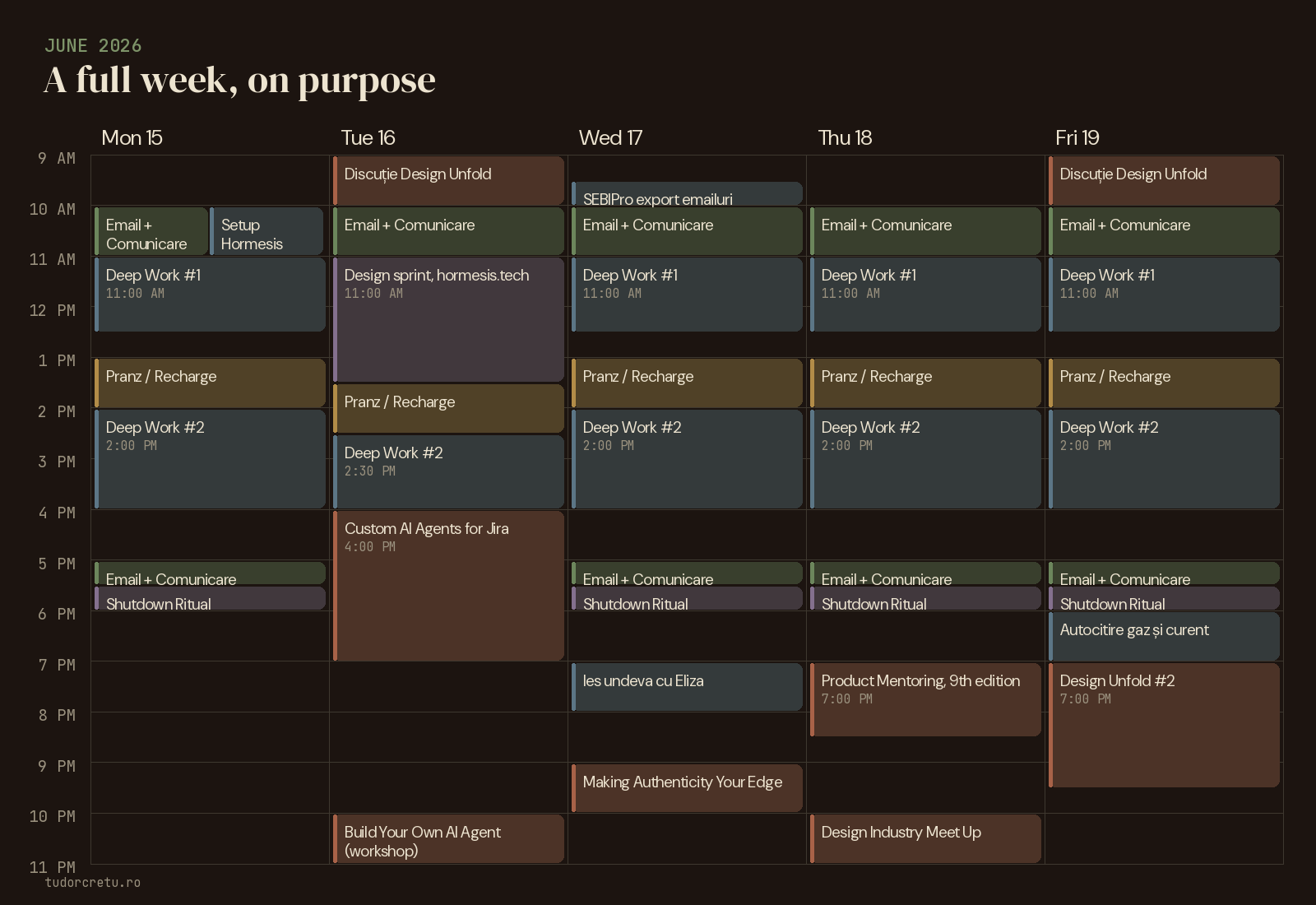 My week, June 15 to 19, 2026 A view of my work calendar for the week of June 15 to 19, 2026, fully scheduled with focus blocks, community sessions, and AI build time.