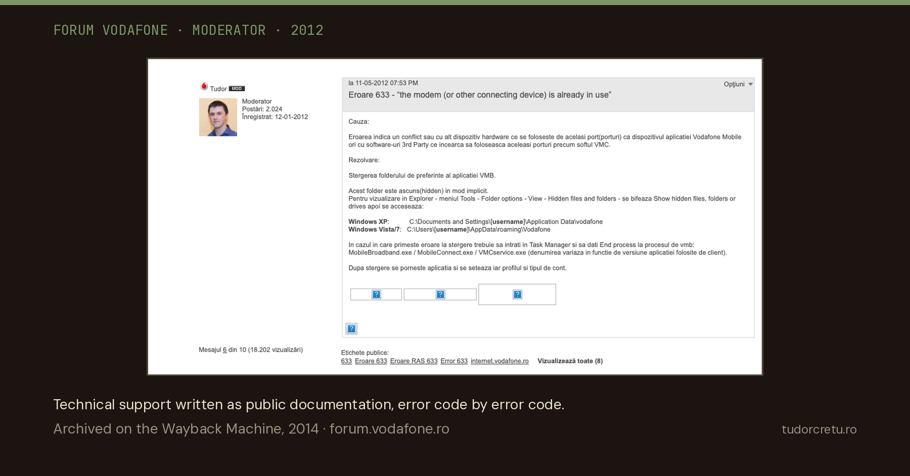 Screenshot of a 2012 Vodafone support forum: a troubleshooting guide by moderator Tudor for error 633, with step-by-step fixes for Windows XP, Vista, and 7. Marked as post 6 of 10 with 18,202 views, archived on the Wayback Machine in 2014.